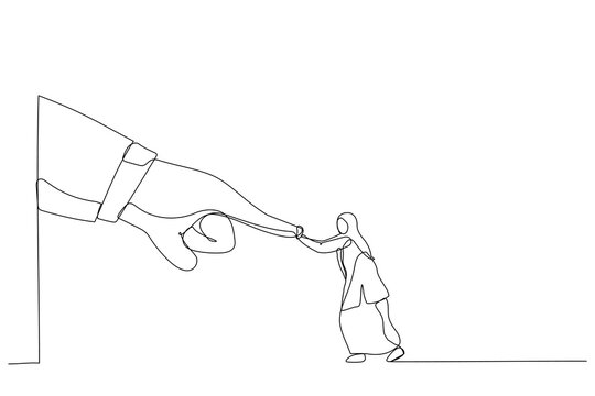 Drawing of woman with hijab fight and keep pushing against giant business hand. Metaphor for conflict against boss or employer, david and goliath. Single continuous line art style