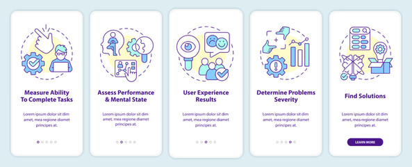 Usability test goals onboarding mobile app screen. Improve product walkthrough 5 steps editable graphic instructions with linear concepts. UI, UX, GUI template. Myriad Pro-Bold, Regular fonts used