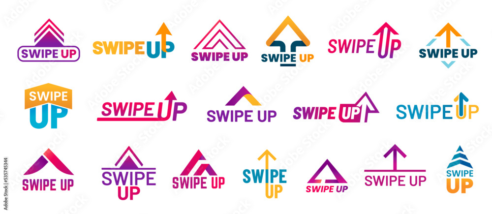 Poster Swipe up icons and buttons, scroll and drag arrows for social network application, vector mobile symbols. App interface buttons to swipe up, flat arrows for website or screen scroll UI and UX