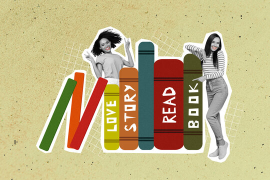 Creative abstract template collage of funny funky two attractive women choose book bookstore library promo recommend love story read book