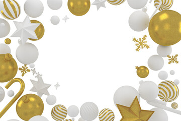 3d Rendering Christmas or new year elements background with decorative balls, star, snow and candy. Colorful gifts for holidays. Modern design. Isolated  illustration.