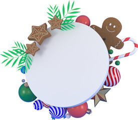 3d Rendering Christmas or new year elements background with decorative balls, star, snow and white frame. Colorful gifts for holidays. Modern design. Isolated  illustration.