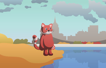 Red panda in autumn by the pond. A cute animal stands on the coast near the park, the skyline of the city is reflected in the water, the contact of nature and the creations of people