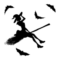 cartoon style autumn holiday set with witch on broomstick and bat