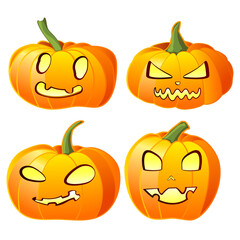 festive set with four different Halloween cartoon orange pumpkins, with different funny faces