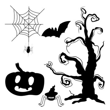 Halloween set with images of silhouettes, a spider, a cobweb, an old tree, a funny pumpkin and a bat