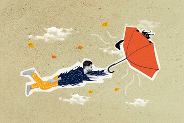 Artwork magazine picture of impressed guy cat flying parasol strong wind blowing isolated drawing background © deagreez