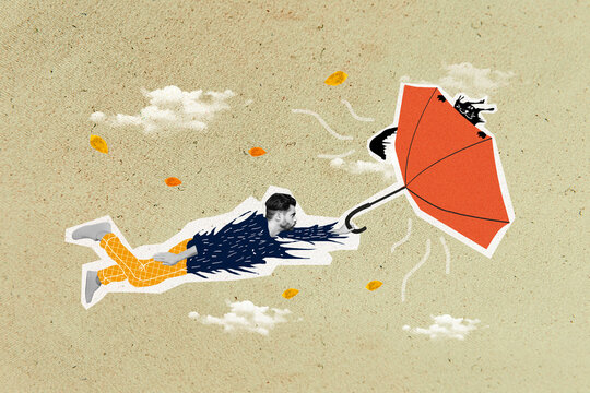 Artwork magazine picture of impressed guy cat flying parasol strong wind blowing isolated drawing background