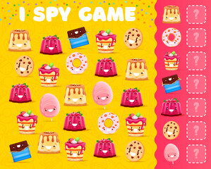 I spy game. Cartoon sweets and dessert characters. Kids object finding puzzle, child calculation quiz vector worksheet with cheerful cake, jelly pudding, cookie and donut, chocolate bar, cotton candy