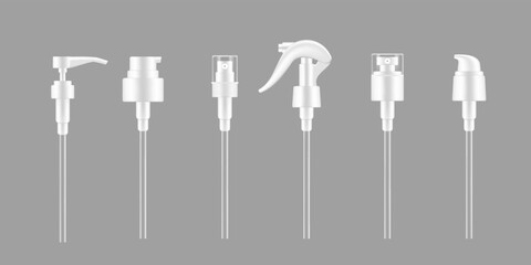 Pump droppers, spray bottle caps and cosmetic container or dispenser lids, vector realistic mockups. White plastic dropper pump of lotion cream, shampoo foam or liquid soap and moisturizer gel caps