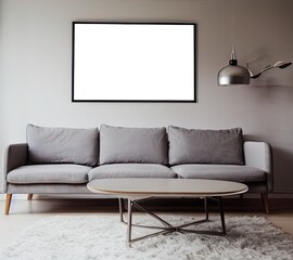 Mock up of poster frame for modern living room with sofa
