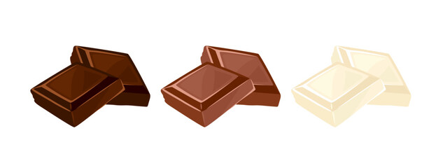 Pieces of black, white and milk chocolate isolated on white background. Vector cartoon flat illustration, icon.