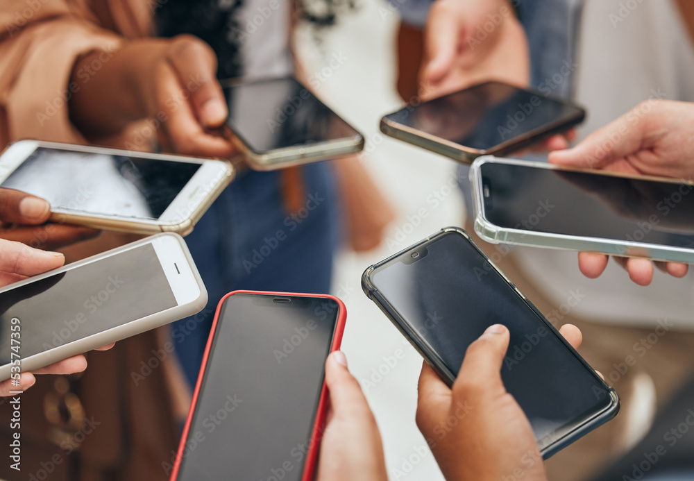 Poster people group hands, phone screen and social media mobile apps, typing and digital iot connection tog