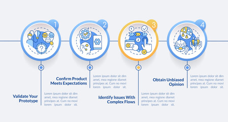 Usability testing advantages circle infographic template. Website assess. Data visualization with 4 steps. Editable timeline info chart. Workflow layout with line icons. Lato Bold, Regular fonts used © bsd studio