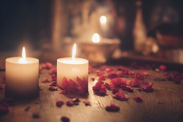Beautiful closeup of scented candles surrounded by rose petals. 