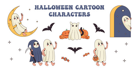 Set of cute Halloween Holiday cartoon characters - Ghosts. Vector clipart in retro cartoon style.