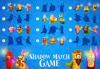 Shadow matching game, cartoon takeaway fast food mage and wizard characters, vector kids puzzle. Find correct shadow or silhouette of cheeseburger sorcerer, hotdog magician and pizza with magic wand