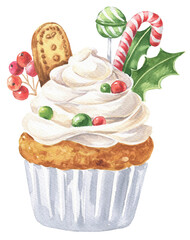 Vanilla cupcake with berries. Christmas dessert. Watercolour food illustration.