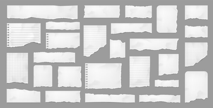 White torn paper, rip paper pieces and notebook page strips with ripped corners, vector note sheets. Torn paper shreds from copybook, lined and chequered pages with holes for banners or message memo