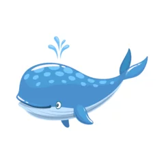 Foto op Canvas Vrolijke blauwe vinvis stripfiguur. Leuk personage van vector zeedier, oceaan onderwatervissen of gigantisch zeezoogdier met een gelukkige glimlach. Geïsoleerde grappige bultrug of baleinwalvis die water spuit © Vector Tradition