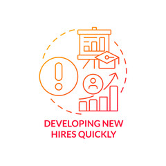 Developing new hires quickly red gradient concept icon. Corporate learning challenge abstract idea thin line illustration. Achieve productivity. Isolated outline drawing. Myriad Pro-Bold font used