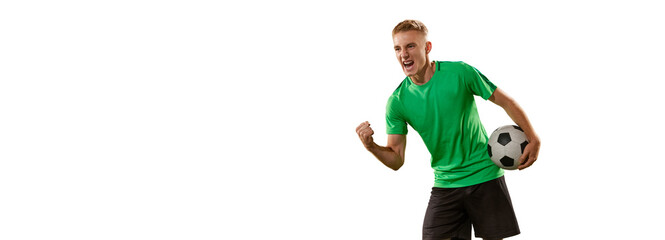 Goal. Excited football player shouting, expressing win emotions isolated over white background....