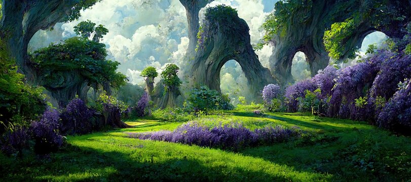 Hidden secret secluded fairy glade surrounded by ancient oak forests thousands of years old - wisteria purple flowers and lush aventurine green grass and moss. Magical mystical fantasy setting.