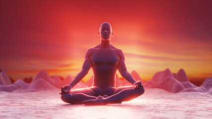 Silhouette of human at sunset meditating in lotus position . On the rocks in glow. Colored chakras. Yoga, zen, buddhism, recovery, religion, health and wellness concept. 3d render