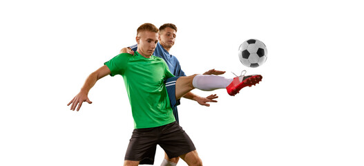 Fototapeta na wymiar Two soccer players in action, motion on green grass flooring isolated over white background. Concept of global sport, championship, competition, football match