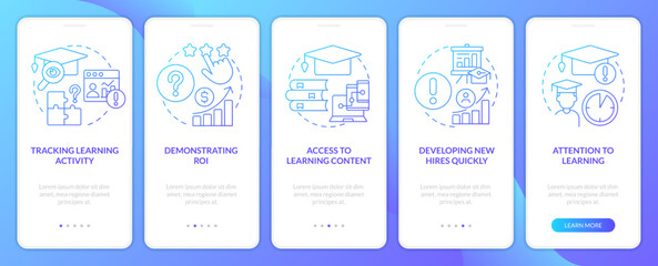 Issues in corporate training blue gradient onboarding mobile app screen. Walkthrough 5 steps graphic instructions with linear concepts. UI, UX, GUI template. Myriad Pro-Bold, Regular fonts used
