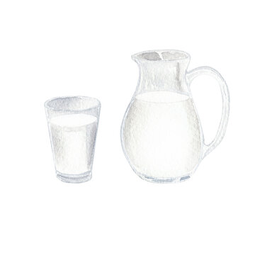 Watercolor milk set illustration. Glass with milk, farm jug, organic food