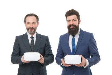 This is cool. businessmen wear wireless VR glasses. modern technology in agile business. mature men...
