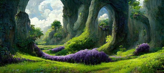 Hidden secret secluded fairy glade surrounded by ancient oak forests thousands of years old - wisteria purple flowers and lush aventurine green grass and moss. Magical mystical fantasy setting. - obrazy, fototapety, plakaty