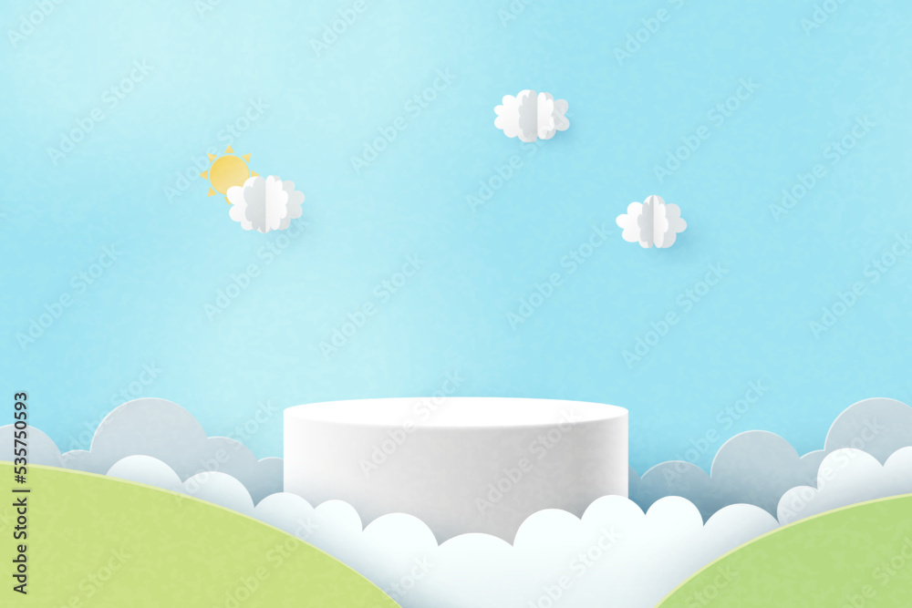 Poster 3d paper cut abstract minimal geometric shape template background.white cylinder podium on clouds an