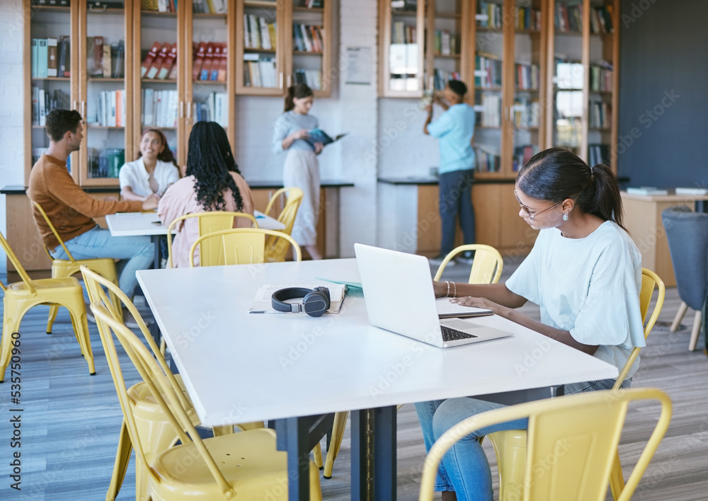 Poster studying, library and student in university writing ideas in notebook, planning research strategy on