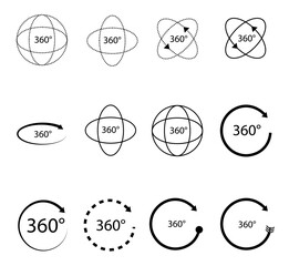 360 degrees vector icon set. Round signs with arrows rotation to 360 degrees. Rotate symbol isolated on white background. Vector illustration.