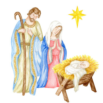 Christmas nativity scene with the Holy Family watercolor illustration, Madonna, child Jesus, Saint Joseph. Saint Virgin Mary holding baby Jesus Christ, hand drawn on white background.