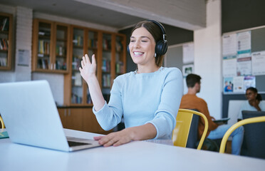Video call, wave or laptop webinar training meeting on online zoom call in office. Digital startup, happy remote student or woman greeting on video conference and education presentation workshop