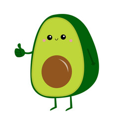 Avocado icon. Thumbs up. Smiling face. Cute cartoon kawaii funny baby character. Thumb up. Greeting card. Happy Valentines day. Healthy food. Flat design. White background. Isolated.