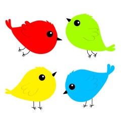 Four bird set icon. Cute kawaii cartoon funny baby character. Birds collection. Animal. Decoration element. Colorful sticker print. Flat design. Isolated. White background.