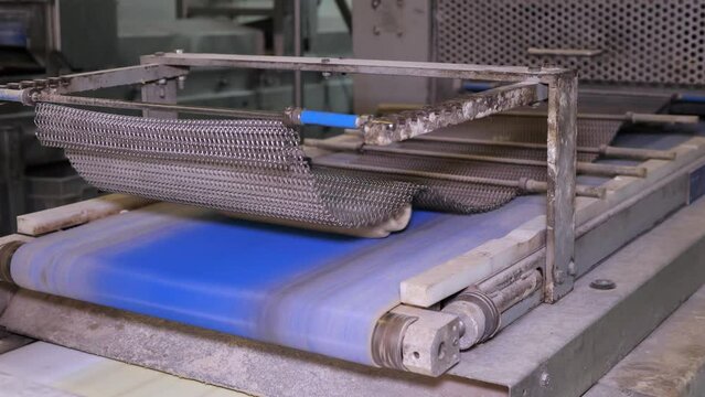 Rolled leavened bread under metal net in a bakery factory