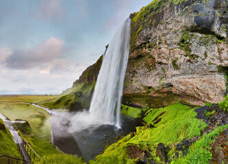 Waterfall Seljalandsfoss in Iceland - panoramic view
