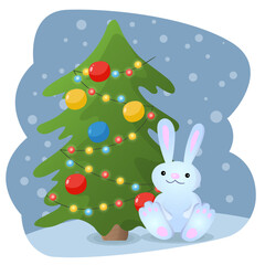Cartoon rabbit sitting near Christmas tree. Cute Christmas seasonal illustration in flat cartoon style. Vector illustration.