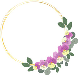 blooming viola or pansy flower wreath with golden frame flat style