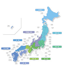 日本地図地方別色分け　Japan map colorful.