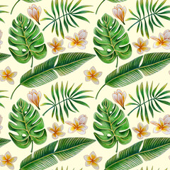 Fototapeta na wymiar Seamless pattern of tropical leaves and flowers drawn with colored pencils on a light background. For fabric, sketchbook, wallpaper, wrapping paper.