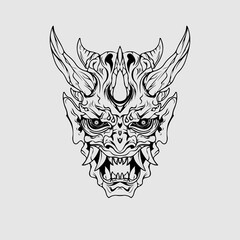 japanese Culture demon mask or oni mask with hand draw style on white background. Ready for Print Apparel and tattoos