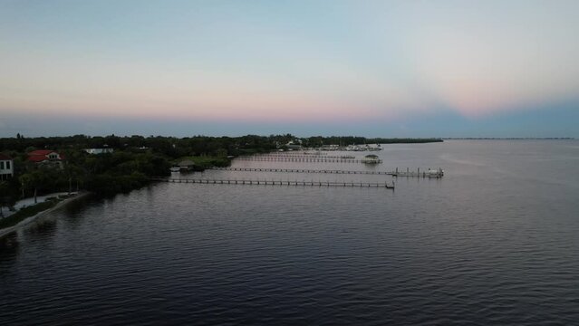 Beautiful aerial view of docks at sunrise in Manatee River, Florida
