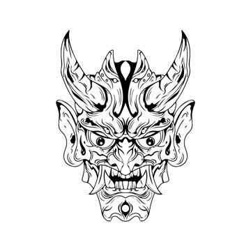 japanese Culture demon mask or oni mask with hand draw style on white background. Ready for Print Apparel and tattoos