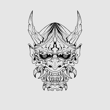 japanese Culture demon mask or oni mask with hand draw style on white background. Ready for Print Apparel and tattoos